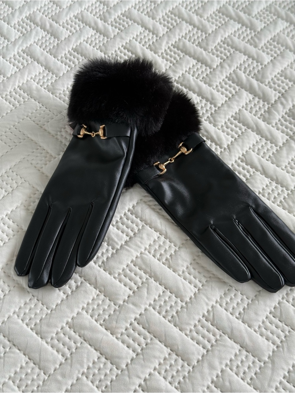 Vince Camuto Black Leather Gloves with Faux Fur Cuff and Gold Accent